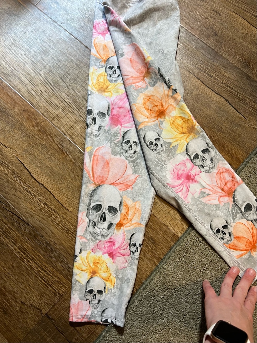 Kids Floral Skull Leggings - Gray with Pink & Orange Flowers